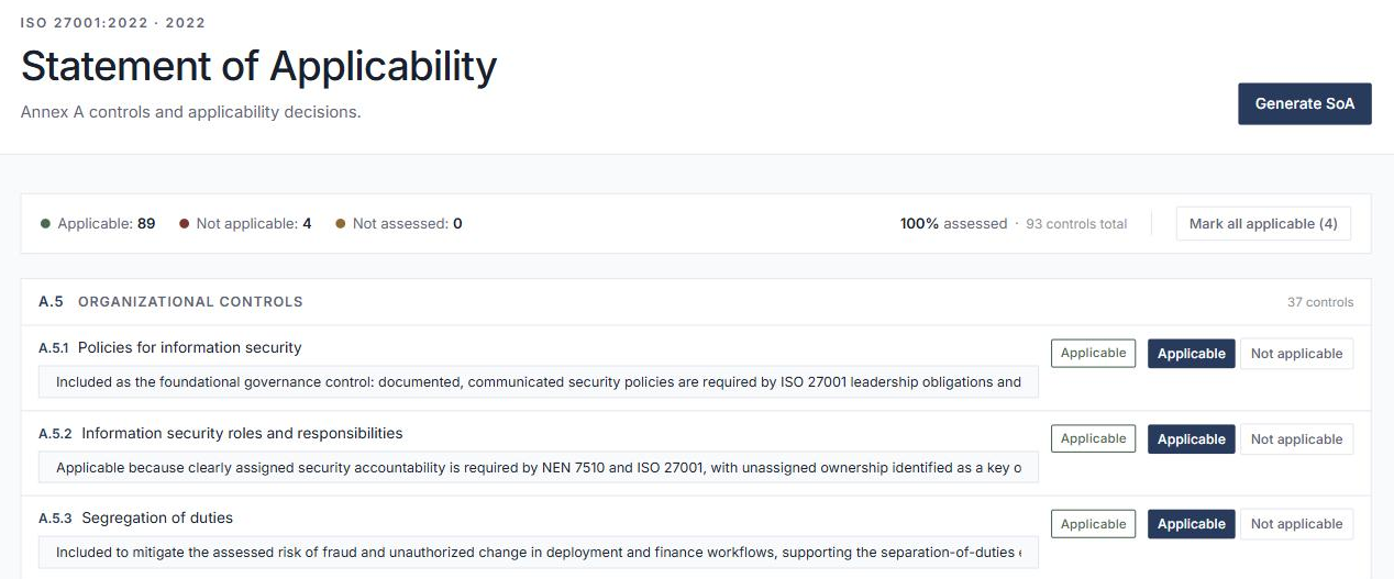 Statement of Applicability-scherm met demodata: toepasselijkheidsbesluiten per Annex A-maatregel met onderbouwing